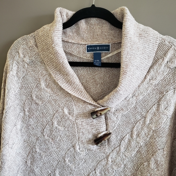 Karen Scott Sweater Poncho Cable Knit Sweater Fringe LG XL - Picture 3 of 14